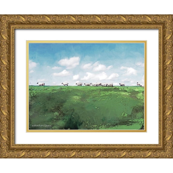 Bluebird Barn 32x25 Gold Ornate Wood Framed with Double Matting Museum Art Print Titled - Distant Hillside Sheep by Day