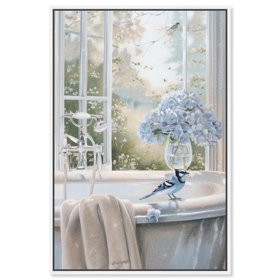 Bluebird Bathroom Canvas Glam Bathroom Art by Art Remedy, White Frame, 10" x 15"