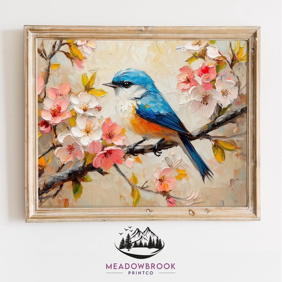 Bluebird Bird Among Blooming Magnolia Spring Artwork Printable Pastel Cottagecore Rustic Farmhouse Vintage Decor 781 UNFRAMED Poster, Wall Art for Decor, Present, 8x12