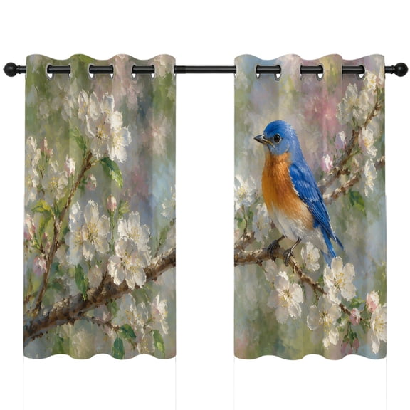 Bluebird Blackout Curtains 45 Inches Long, Rustic French Country White Floral Bud Blossom Branch Thermal Insulated Room Darkening Drapes with Grommets for Living Room 42"W x 45"L, 2 Panels