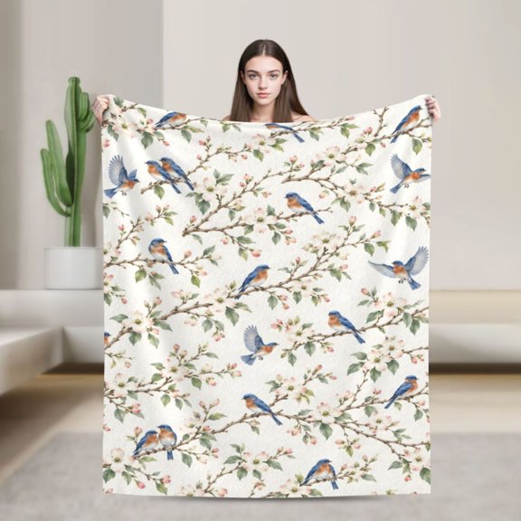 Bluebird Blanket Floral Bird Pattern Flannel Throw Blanket Bird Lover Gift for Women Spring Home Decor 50x40 in