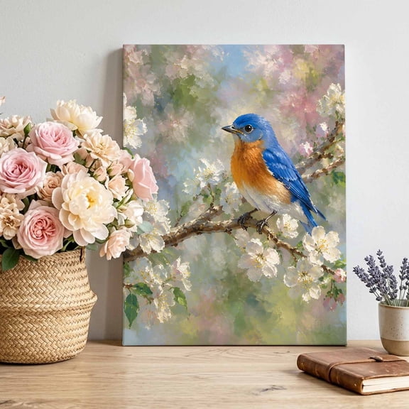 Bluebird Canvas Wall Art Framed Wall Decor for Living Room Bedroom Bathroom, Rustic French Country White Floral Bud Blossom Branch Canvas Pictures Ready to Hang Decor, 11"x14"