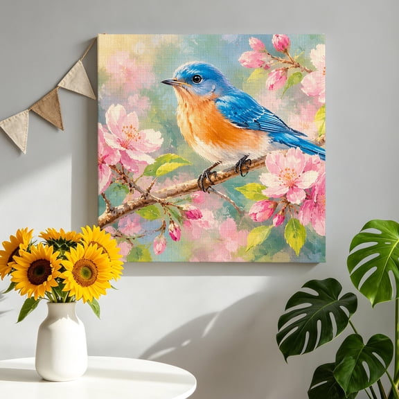 Bluebird Canvas Wall Art, Rustic Country Pink Cherry Blossom Floral Petal Twig Framed Canvas Wall Decor Picture Print Artwork Decorations for Living Room Office Ready to Hang 16" x 16"