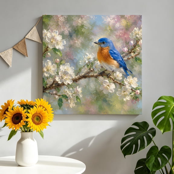 Bluebird Canvas Wall Art, Rustic French Country White Floral Bud Blossom Branch Framed Canvas Wall Decor Picture Print Artwork Decorations for Living Room Office Ready to Hang 8" x 8"
