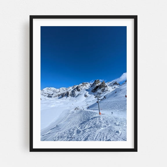 Bluebird Day on the Slopes in the French Alps - Chamonix Auvergne-Rhône-Alpes France Photography Snow Skiing Winter Mountain Landscape Scenic Travel Poster Black Framed Wall Art Print 5 x 7 inches