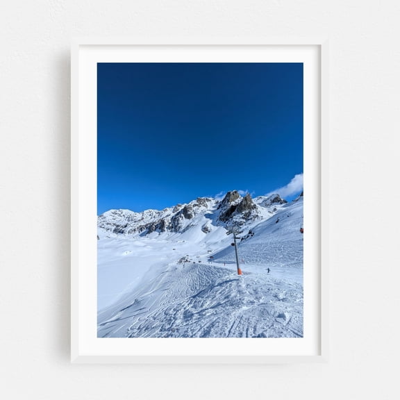 Bluebird Day on the Slopes in the French Alps - Chamonix Auvergne-Rhône-Alpes France Photography Snow Skiing Winter Mountain Landscape Scenic Travel Poster White Framed Wall Art Print 5 x 7 inches