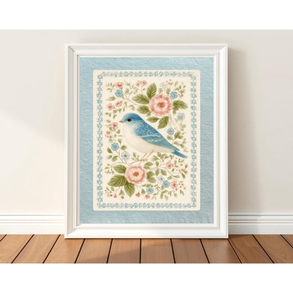 Bluebird Floral Poster Grandmillennial Cottagecore Art, Unframed Canvas Size 16x24 F03.1.18l1240