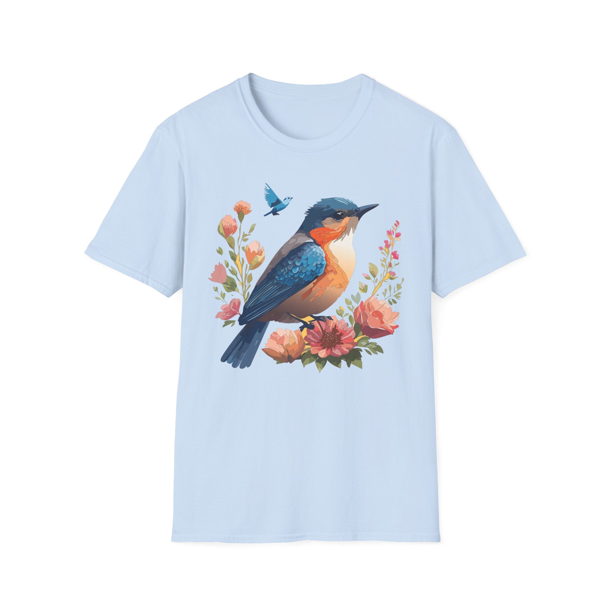 Bluebird Floral T-Shirt Colorful Bird Flowers Tee Unisex Cotton Short ... - Be Colorful Bird Perches