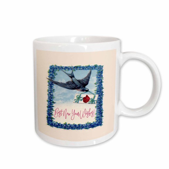 3drose, Bluebird Flying, Card, Rose, Ribbon, Blue Flower Frame, New Year Wish, 11oz Mug
