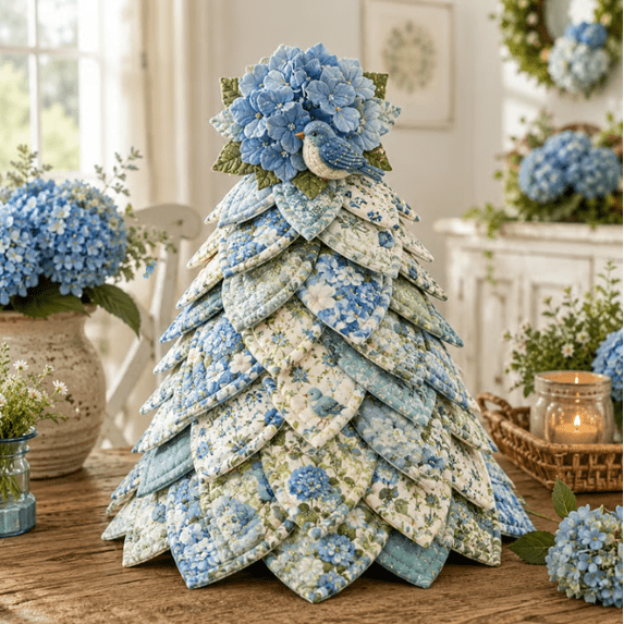 Bluebird Hydrangea Tree DIY Kit | Quilted Fabric Tree Sewing Craft | Cottage Garden Home Decor, Peaceful Countryside Style Home Accent