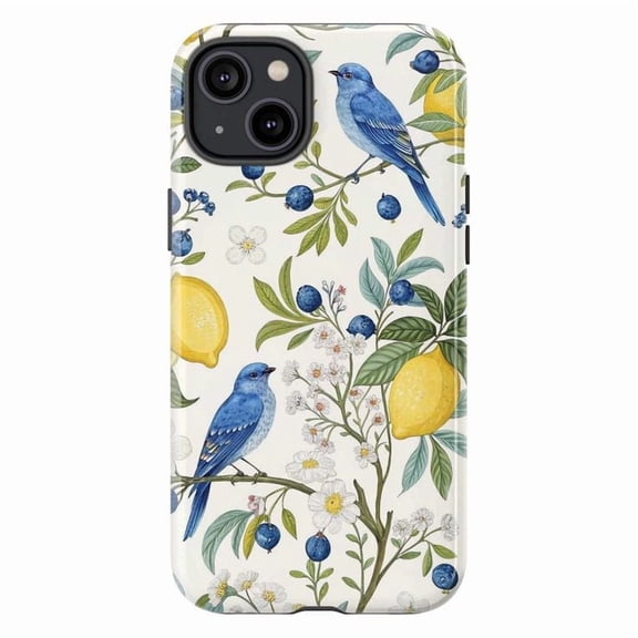 Bluebird Lemon Botanical iPhone Case – Vintage Nature Aesthetic Phone Cover with Birds, Lemons & Blueberries Compatible with iPhone 16 15 14 13 12 11 Pro Max