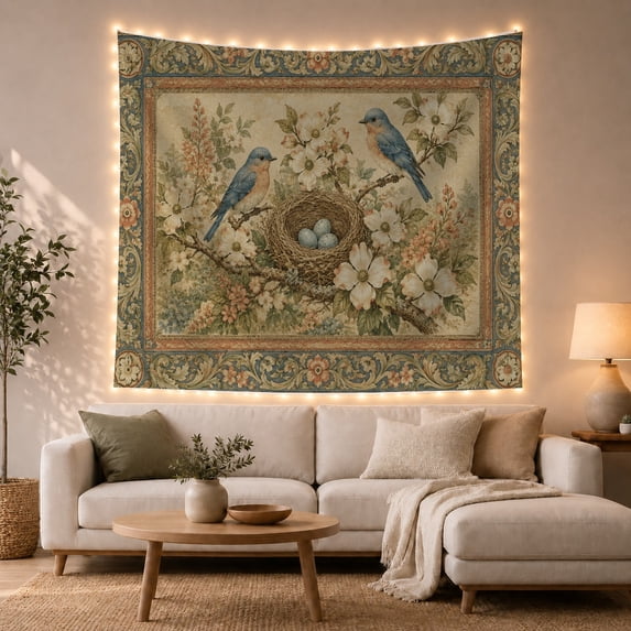 Bluebird Nest in Dogwood Blossoms, Serene Nature Illustration for Bird Lovers, Floral Garden Wall Art, Mother's Day Gift Tapestry Wall Hanging for Bedroom and Living Room