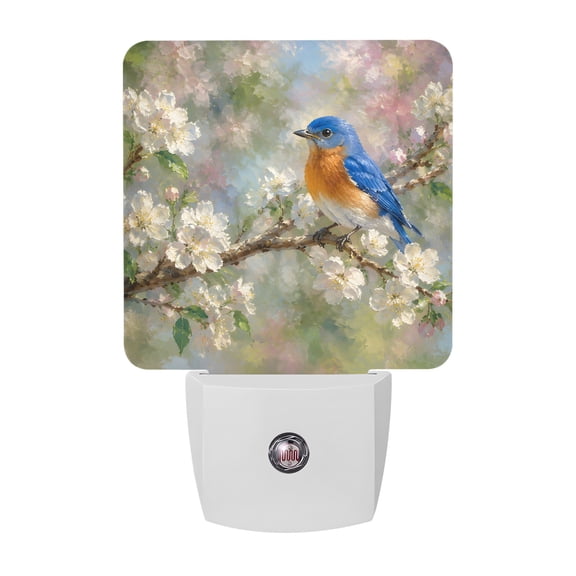 Bluebird Night Lights, Rustic French Country White Floral Bud Blossom Branch Smart Auto Dusk to Dawn Sensor Nightlights Plug-in Nightlight for Bedroom Bathroom Living Room Kitchen Hallway