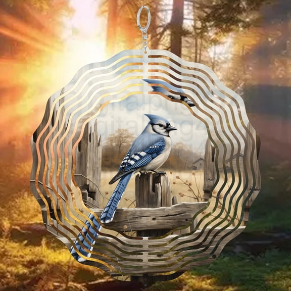 Bluebird On Fence Nature 3D Wind Spinner Stainless Steel Kinetic Garden Decor