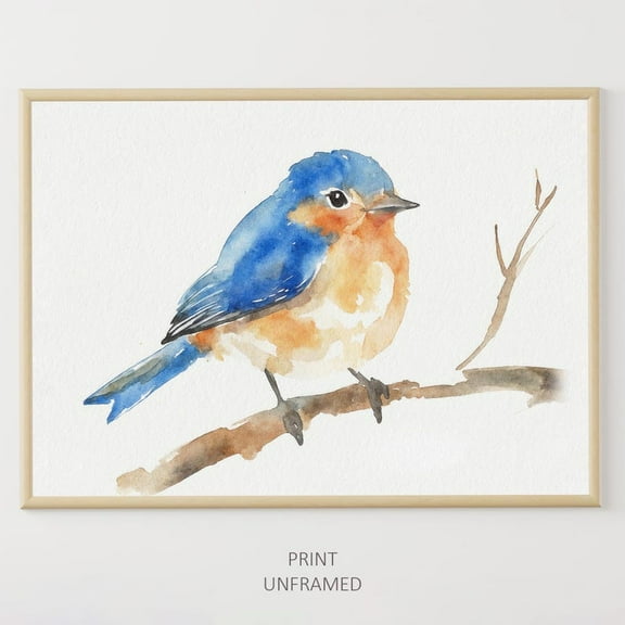 Bluebird Poster: Minimalist Bird On Branch Spring Wall Art, Stretched Canvas Size 8x12