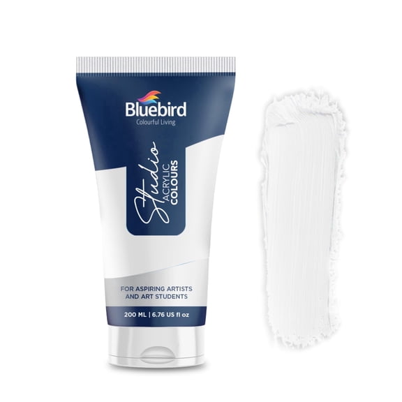 BLUEBIRD Studio Acrylic Paint Tube - White 6.76 Fl Oz / 200ML - Non Toxic, Rich Pigments for Painters, Adults & Kids, Ideal for Canvas, Wood, Clay, Ceramic & More