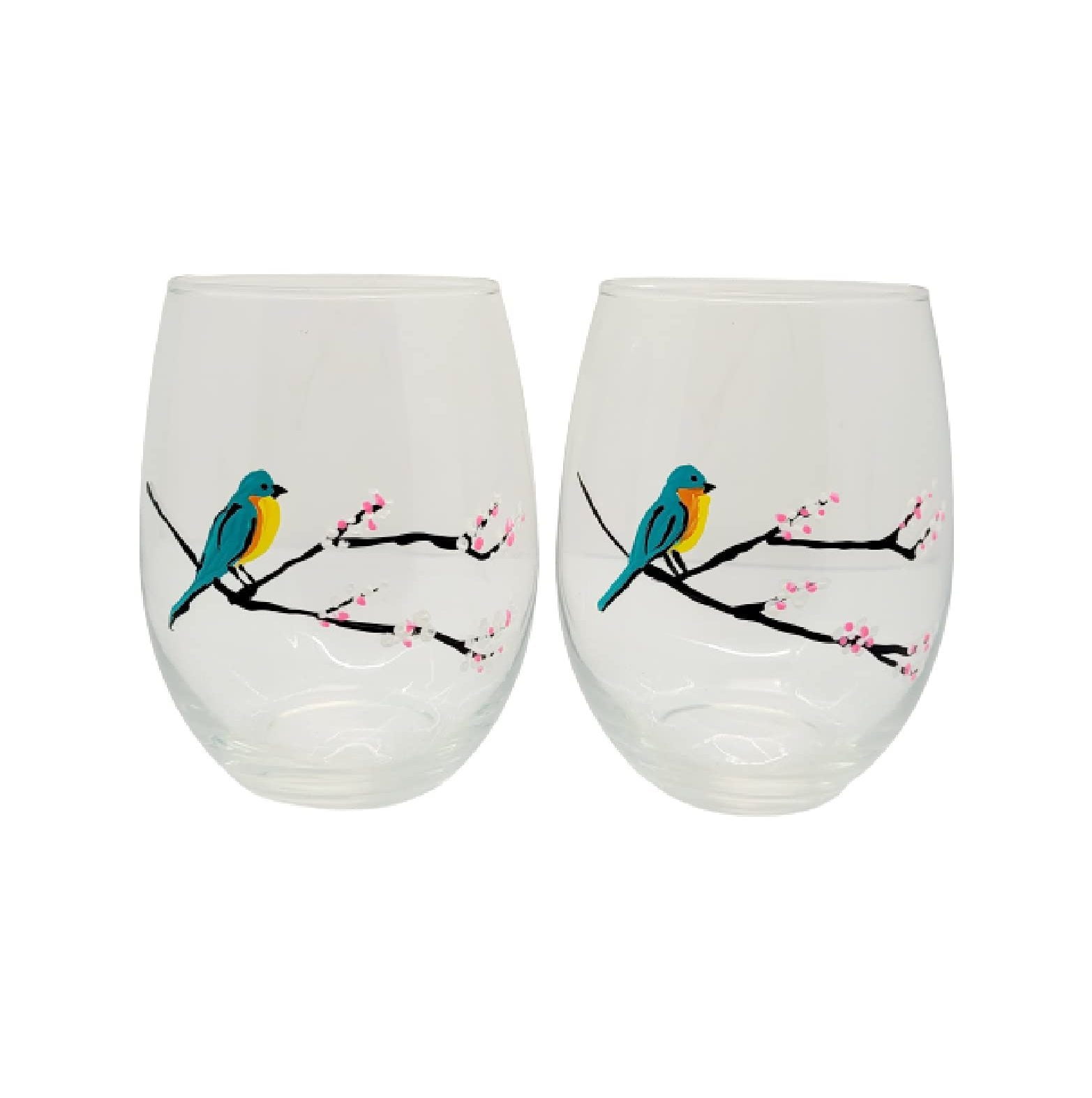 Bluebird White Cherry Tree Hand Painted Stemless Wine Glasses Set 2