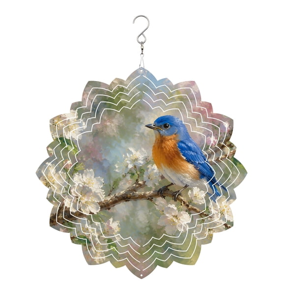 Bluebird Wind Spinner for Garden Yard 8In, Rustic French Country White Floral Bud Blossom Branch 3D Stainless Steel Kinetic Hanging Wind Spinners Rustproof Outdoor Decor for Lawn Patio Home