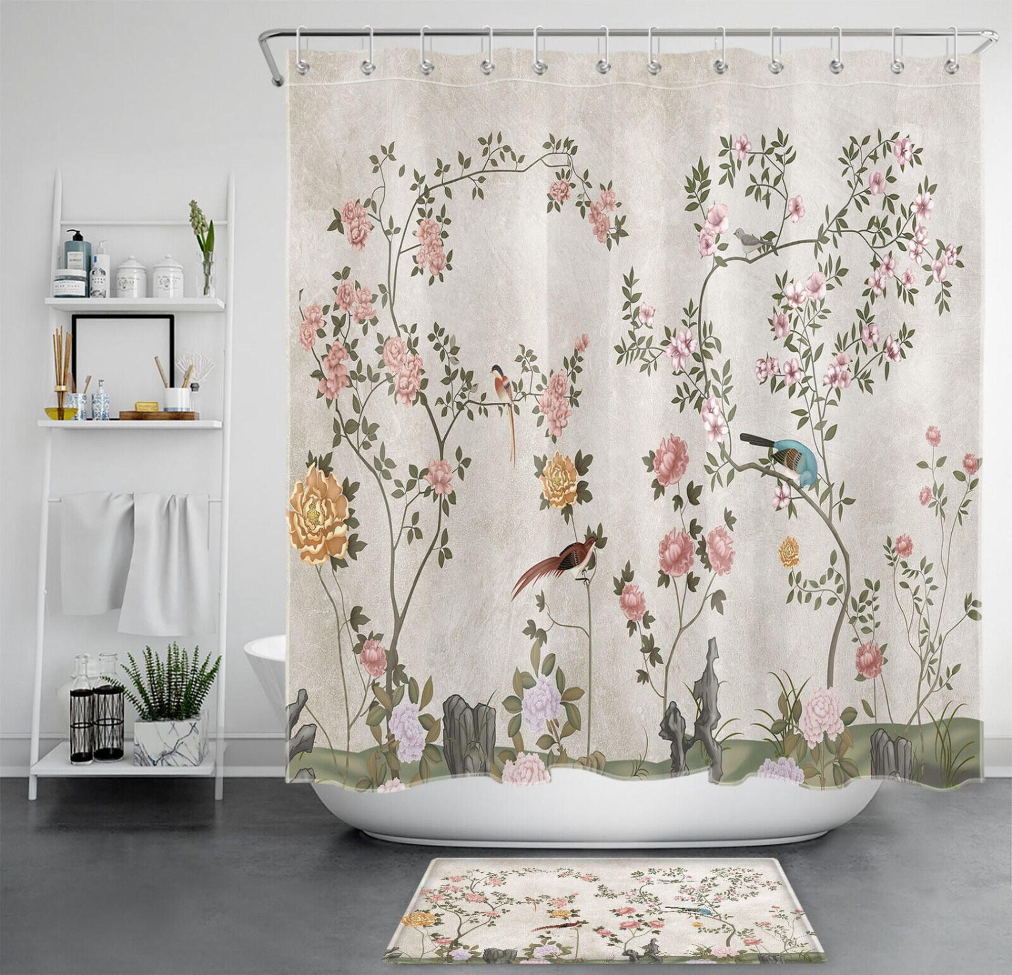 Bluebird and Blossoms Vintage Shower Curtain Set - Bathroom Decor ...