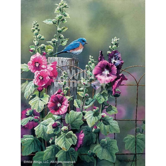 Bluebird and Hollyhocks
