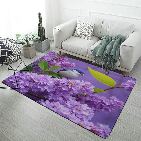 Bluebird in Lilac Flowers Carpet Rug for Home Living Room Bedroom Sofa Doormat Decor Area Rug Non-slip Mat 47x63inch