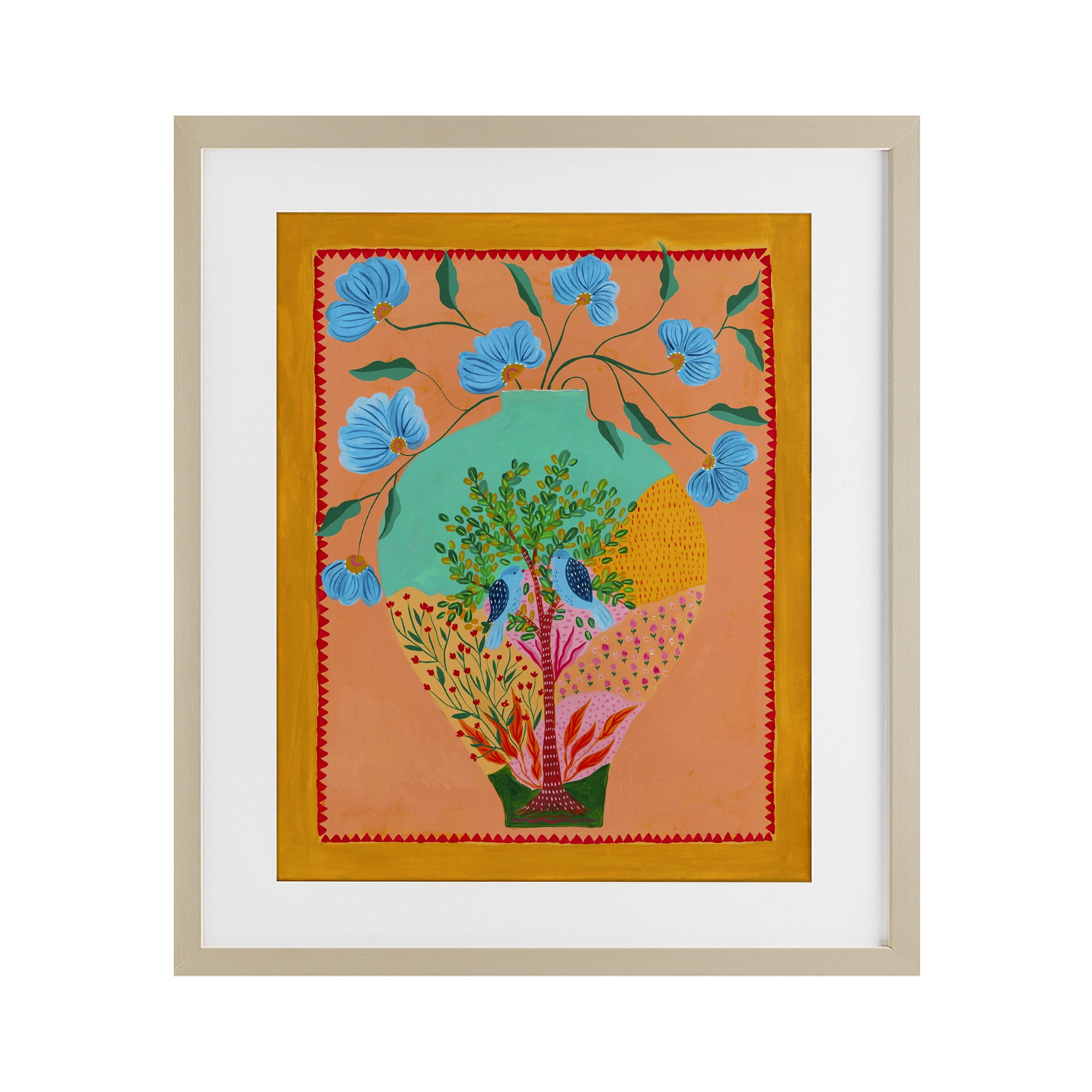 Bluebirds & Boho Flower Vase Birch Framed Print Under Glass, design by Nabeela Rumi