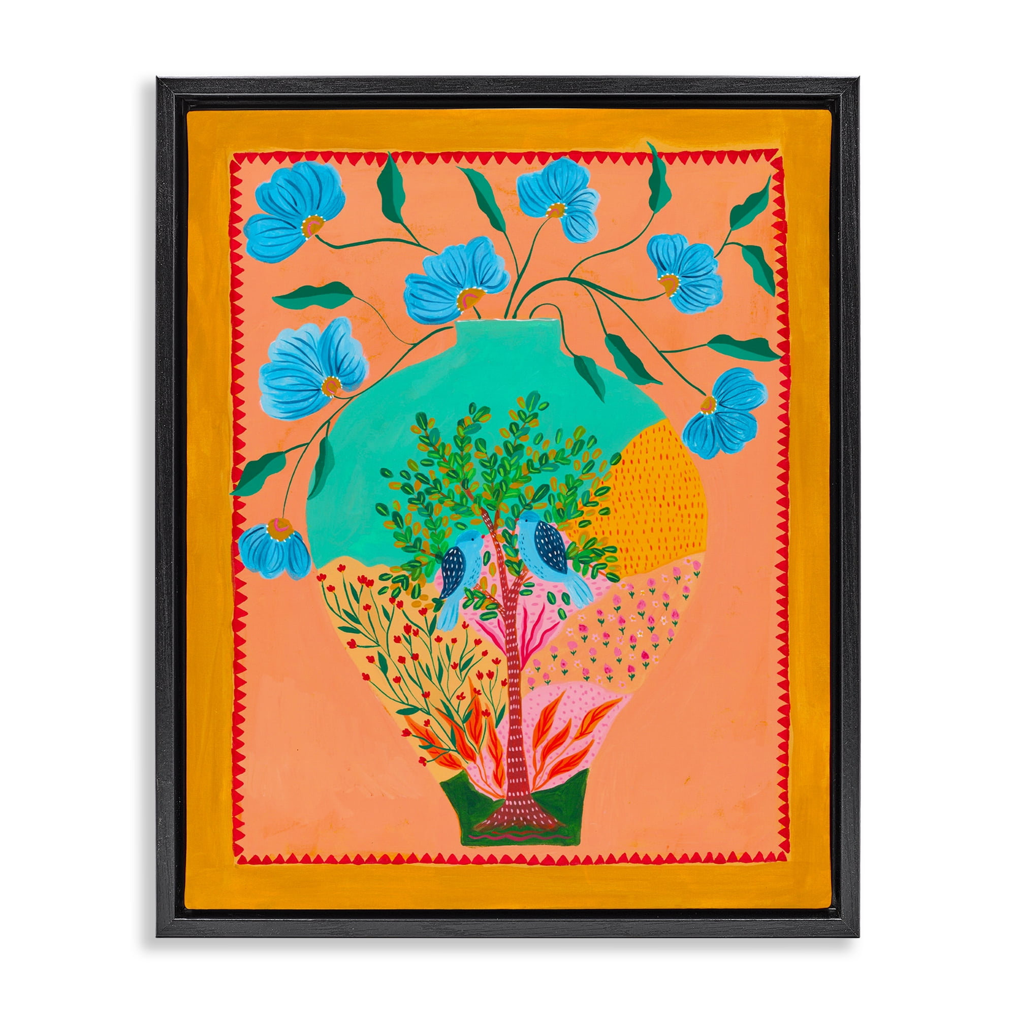 Bluebirds & Boho Flower Vase Black Framed Floater Canvas Wall Art, design by Nabeela Rumi