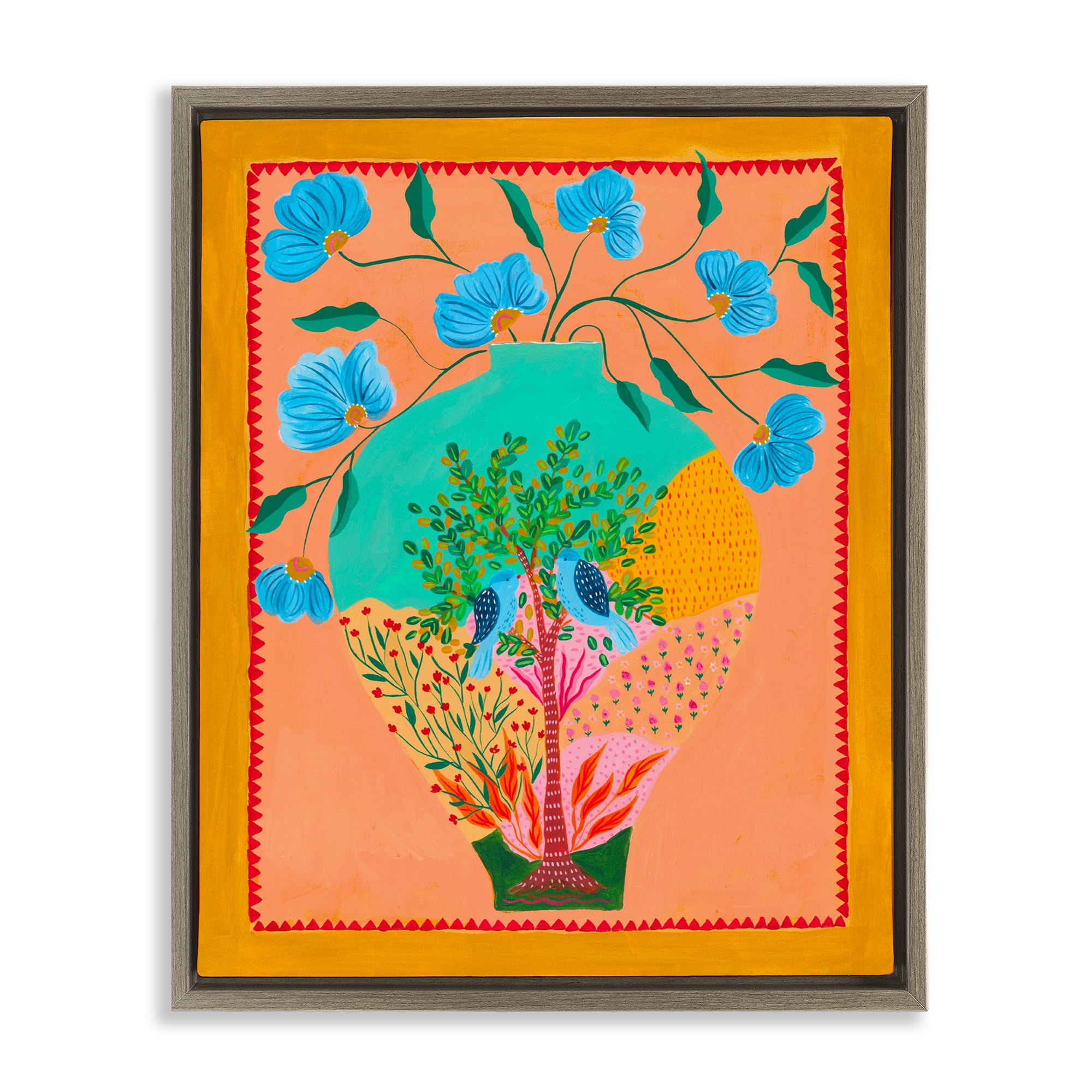 Bluebirds & Boho Flower Vase Brown Framed Floater Canvas Wall Art, design by Nabeela Rumi