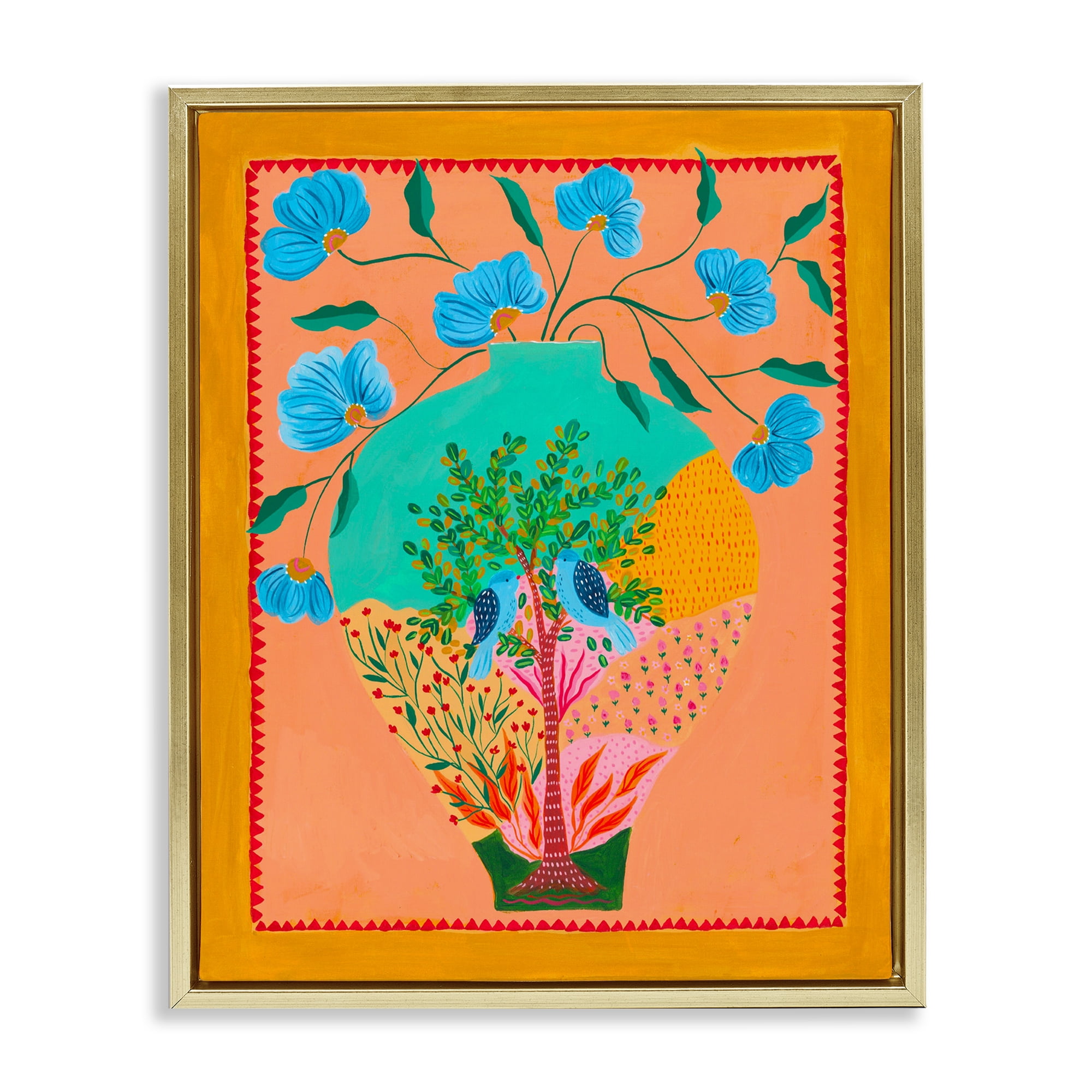 Bluebirds & Boho Flower Vase Gold Framed Floater Canvas Wall Art, design by Nabeela Rumi
