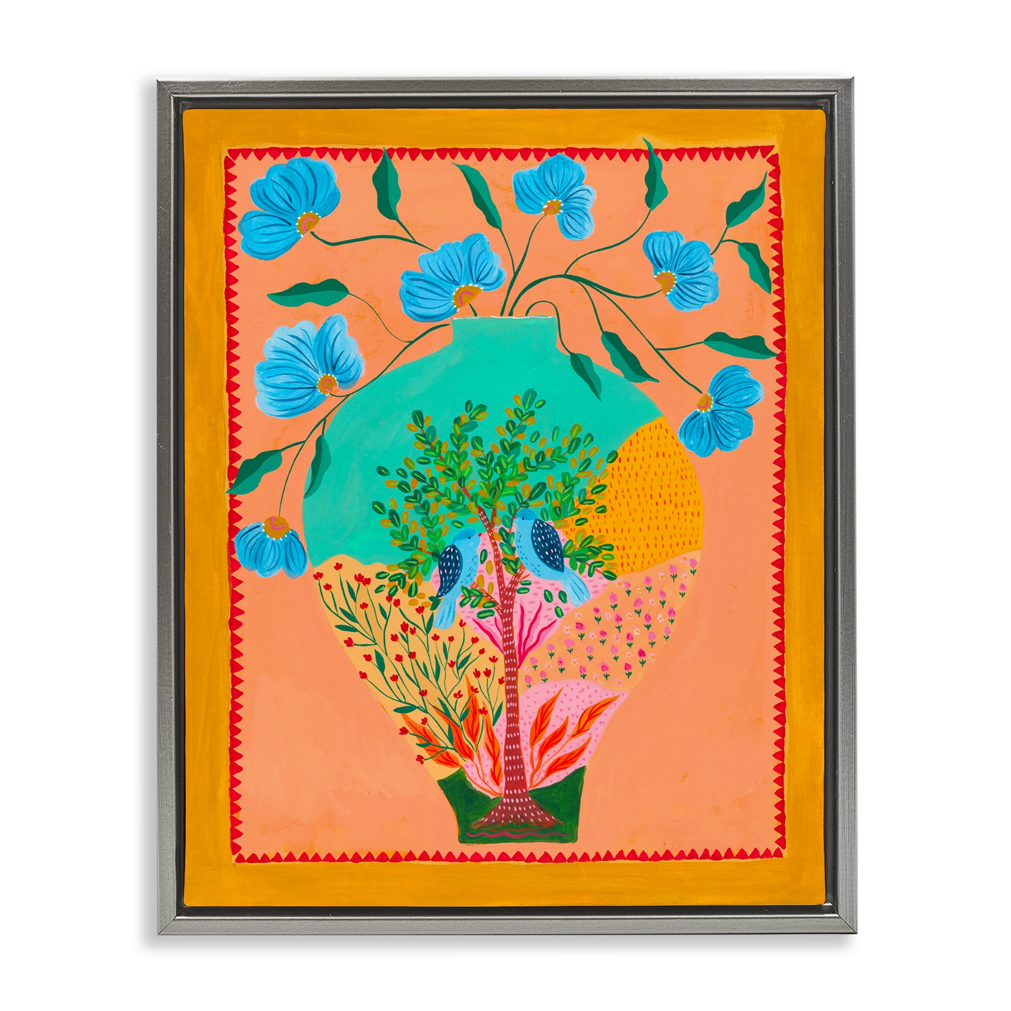 Bluebirds & Boho Flower Vase Gray Framed Floater Canvas Wall Art, design by Nabeela Rumi