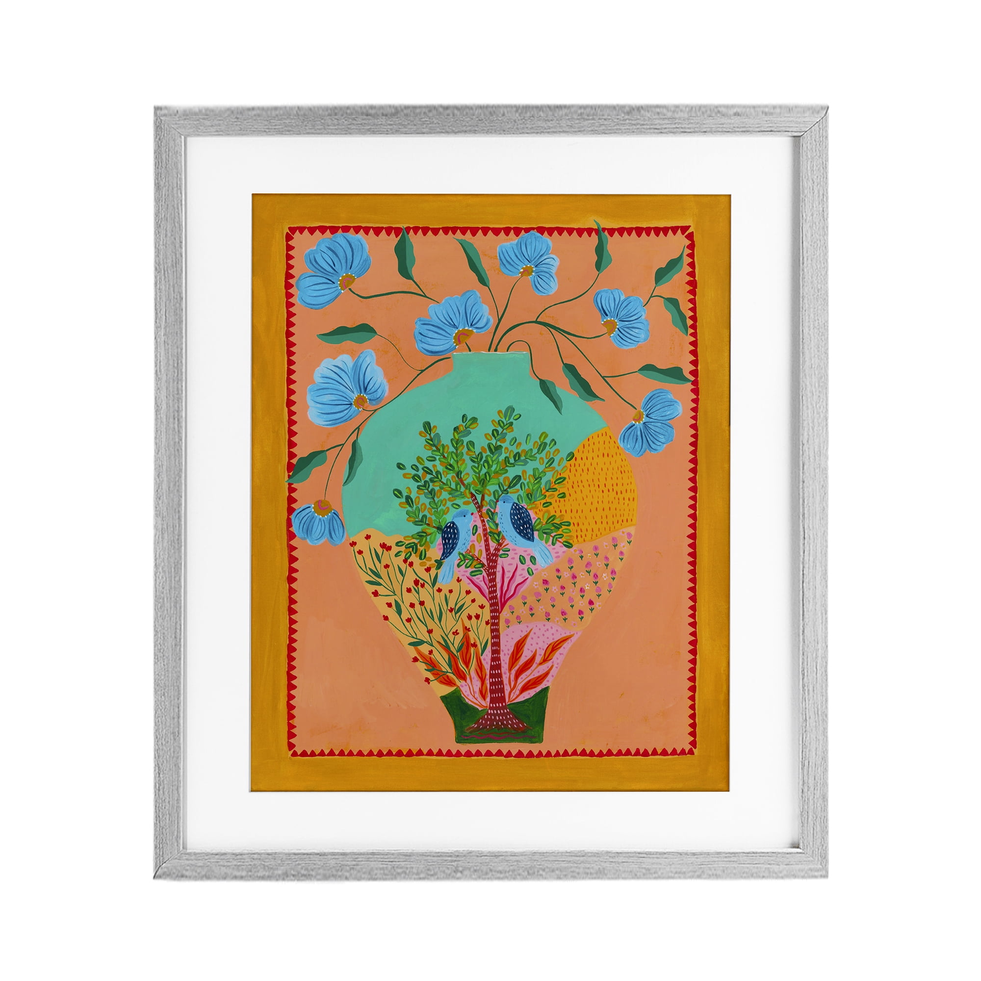 Bluebirds & Boho Flower Vase Gray Framed Print Under Glass, design by Nabeela Rumi