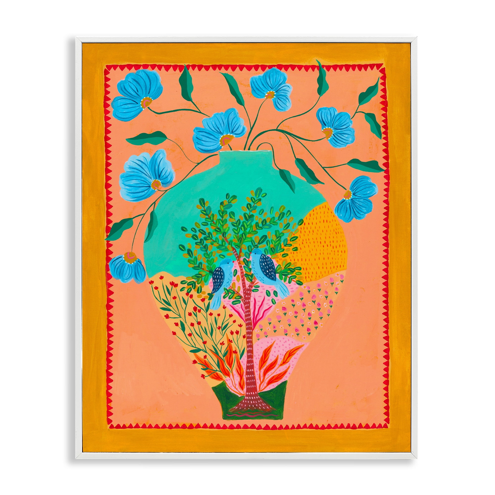 Bluebirds & Boho Flower Vase White Framed Giclee Art, design by Nabeela Rumi
