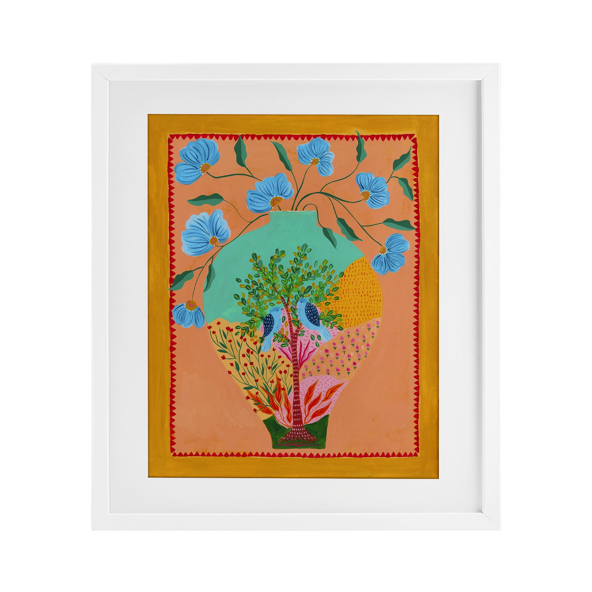 Bluebirds & Boho Flower Vase White Framed Print Under Glass, design by Nabeela Rumi
