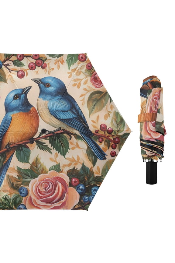 Bluebirds Couple Among Flowers Valentine All Weather Umbrella Triple Folding Parasol 6 Ribs UV Protection Portable