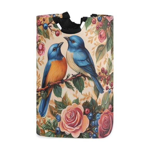 Bluebirds Couple Among Flowers Valentine Laundry Basket with Handles Foldable Laundry Hamper Freestanding Washing Bin 50L