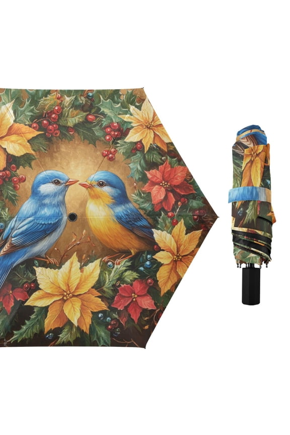 Bluebirds Couple Garland Autumn Valentine All Weather Umbrella Triple Folding Parasol 6 Ribs UV Protection Portable