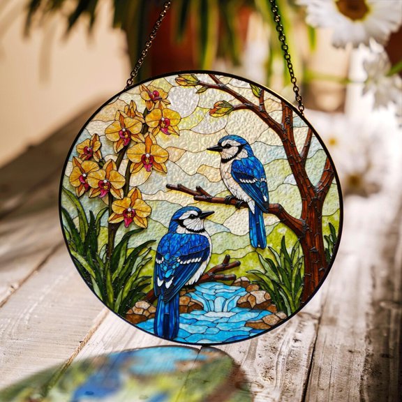 Bluebirds Orchids Stream Round Glass Suncatcher, Window Decor, 3.5 in