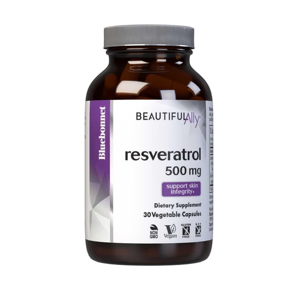 Bluebonnet Beautiful Ally Resveratrol 500mg, Protect Skin Integrity*, 30 Vegetable Caps