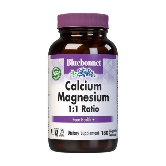 Bluebonnet Nutrition Calcium Magnesium 1:1 Ratio Vegetarian Capsules, 180 Count,