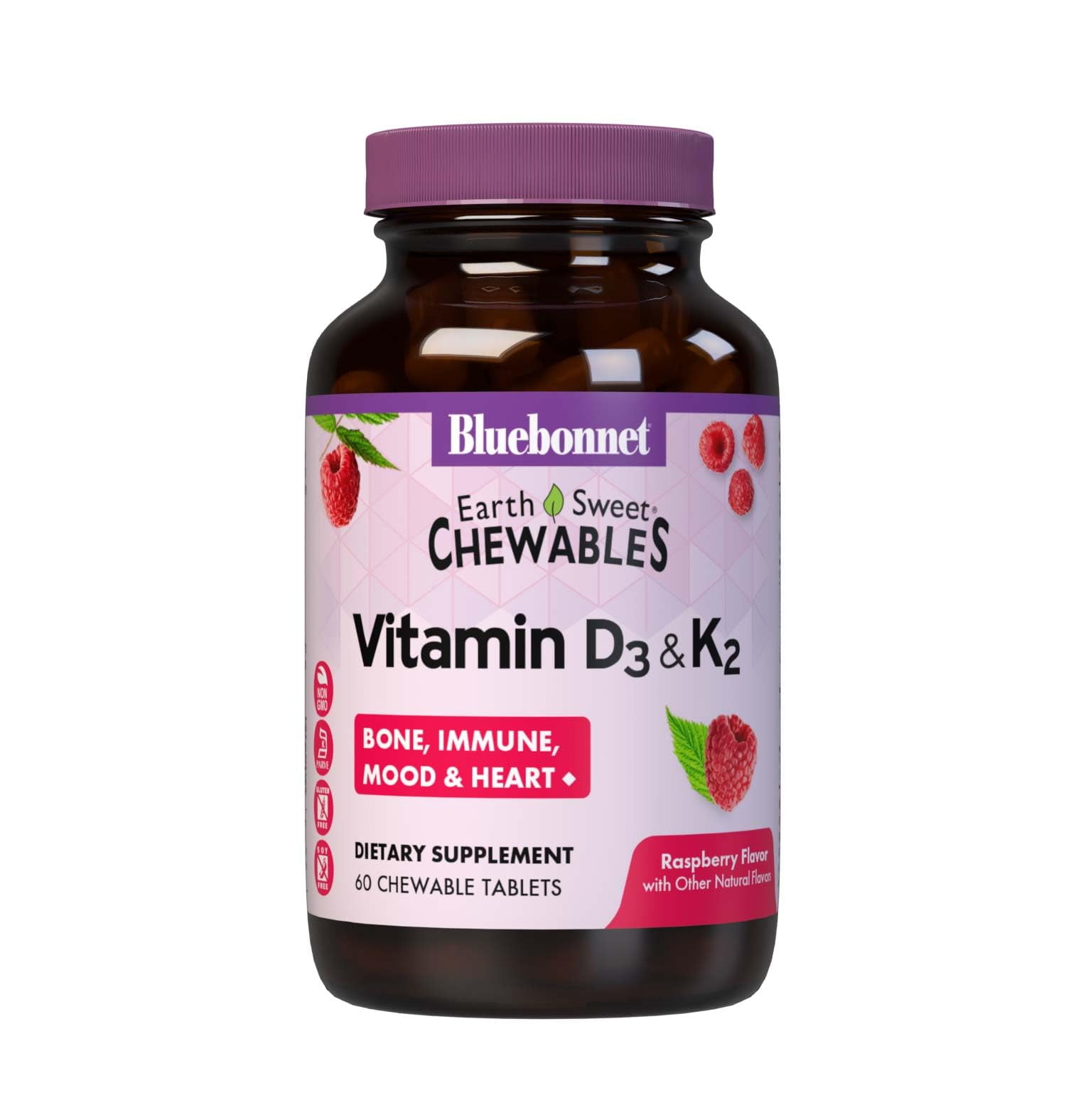 Bluebonnet Vitamin D3 & K2 EarthSweet Chewables, Immune, Mood & Heart*, Raspberry 60 Days