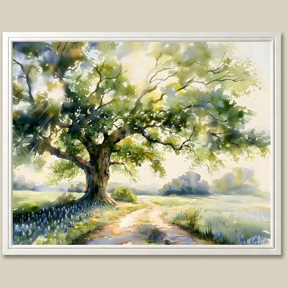 Bluebonnet Field Art Print Texas Oak Tree Landscape Portrait Decor Modern Vintage