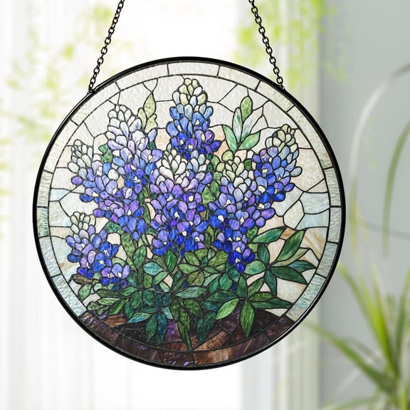 Bluebonnet Flower Glass Suncatcher v14, Texas State Floral Window Art, Nature Home Decor, 7.9 in