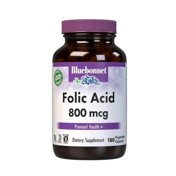 Bluebonnet Folic Acid 800mcg, Healthy Neurological Development*, Vegetable Caps, 180 Count