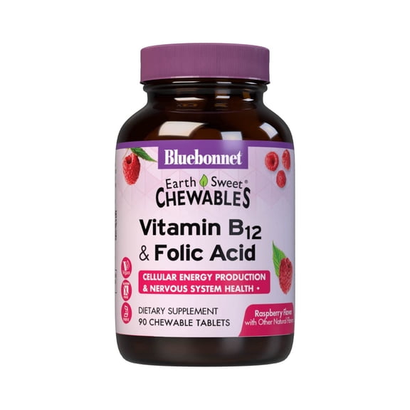 Bluebonnet EarthSweet Vitamin B12 & Folic Acid Chewable Tablets, Raspberry, 90 Count