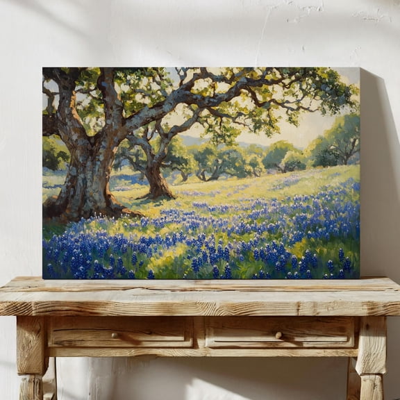 Bluebonnet Meadow Landscape Wall Art Print Spring Wildflower Field Painting Texas Hill Country Nature Decor With Oak Trees Wall Art Modern Wall Decor