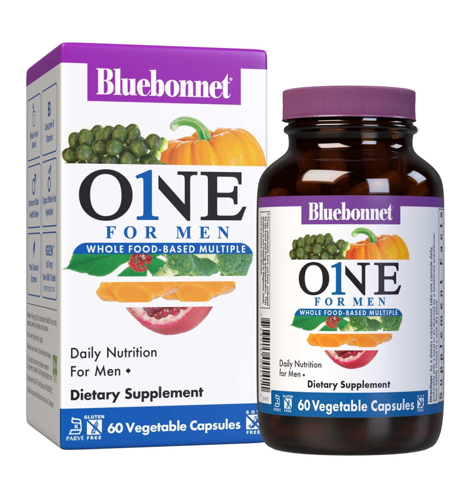 Bluebonnet One for Men Whole Food-Based Multiple, Daily*, Iron Free, 60 Days