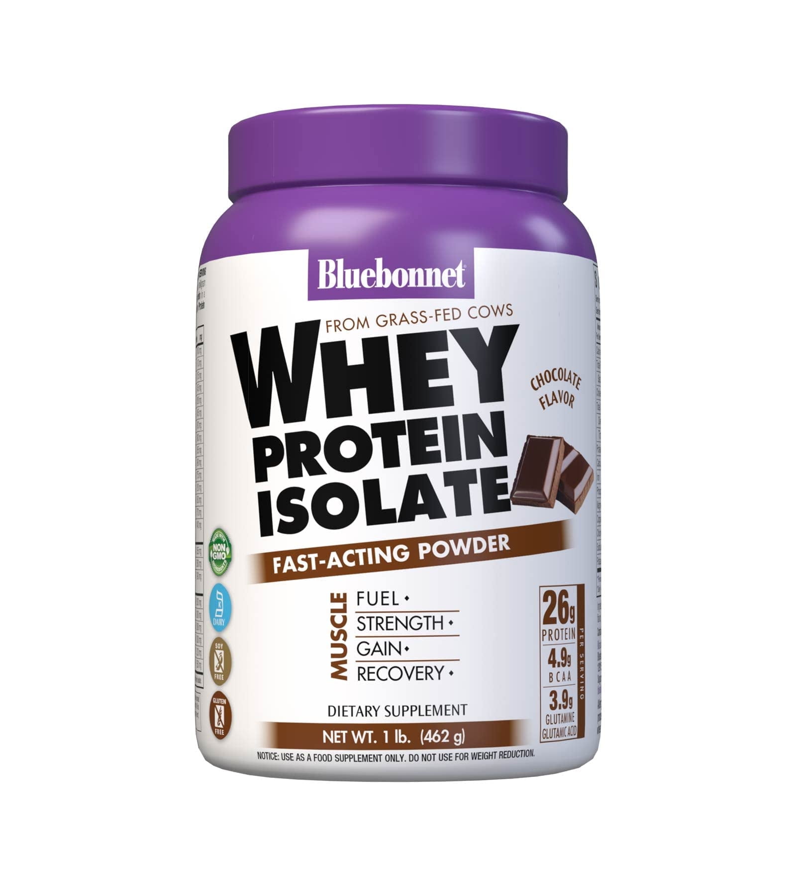 Bluebonnet Whey Protein Isolate Powder 26g From Grass Fed Cows, Chocolate, 1 lb