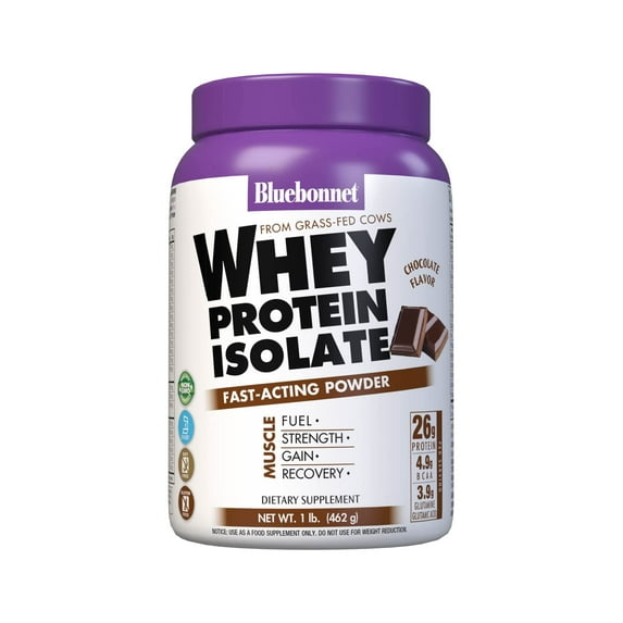 Bluebonnet Whey Protein Isolate Powder 26g From Grass Fed Cows, Chocolate, 1 lb