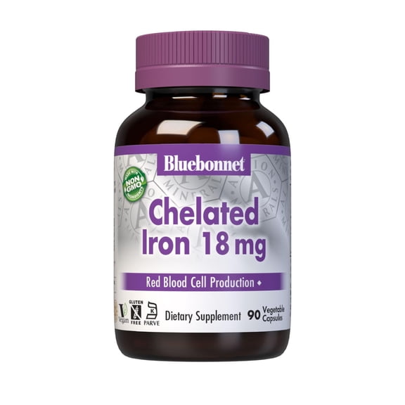 Bluebonnet Chelated Iron 18mg - Non-Constipating Iron - 90 Vegetable Capsules, 90 Servings