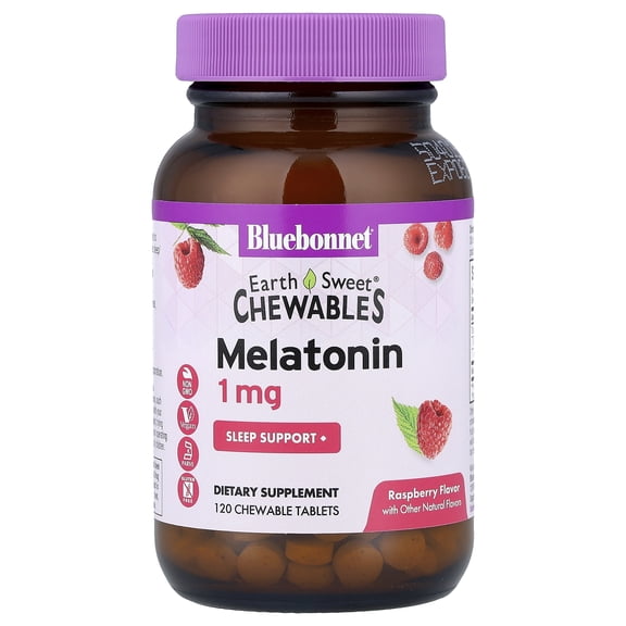Bluebonnet Nutrition EarthSweet Chewables, Melatonin, Raspberry, 1 mg, 120 Chewable Tablets